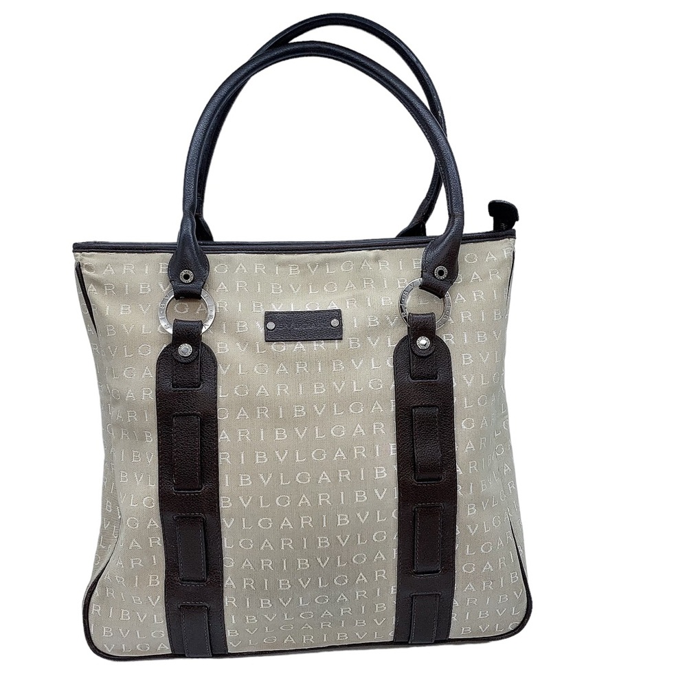 Vintage Bvlgari Embroidered Logo Fabric Leather Handbag in Beige